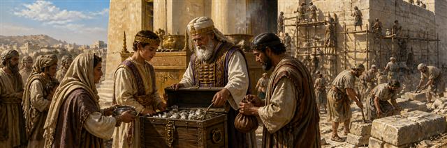 King Joash and priest Jehoiada beside a silver chest as masons repair the temple